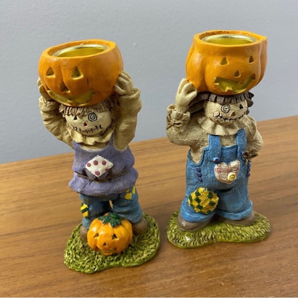 Set of 2 Vintage Scarecrow & Pumpkin Stick Candle Holders